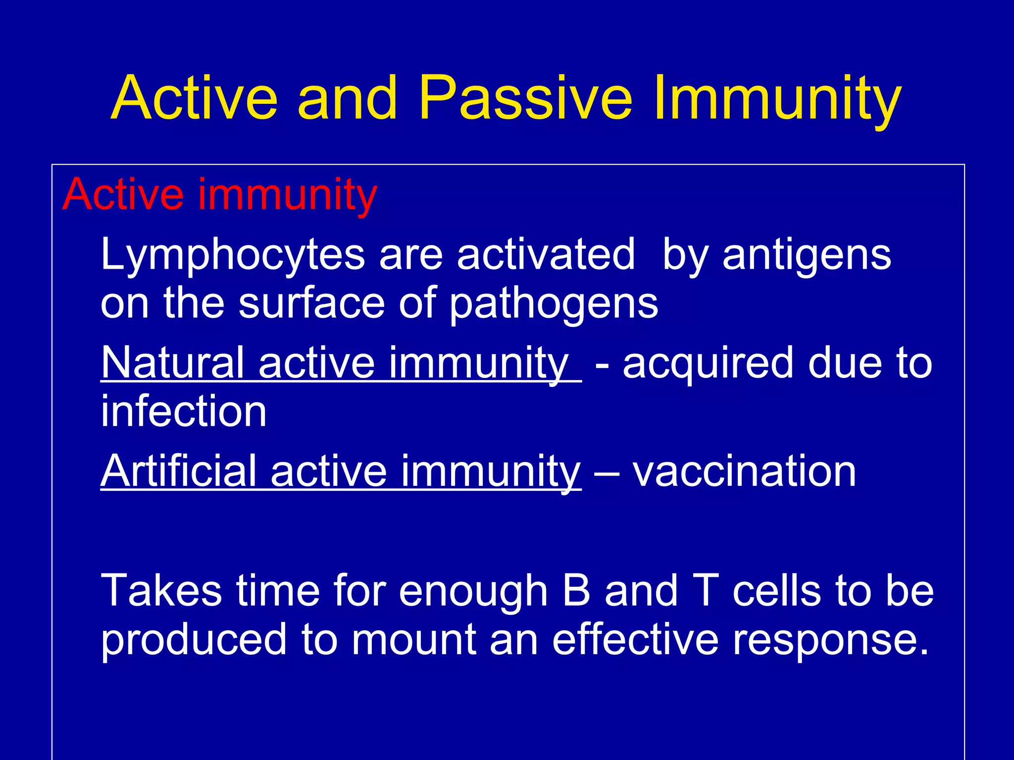 Active and Passive Immunity
Active immunity
Lymphocytes are activated by antigens
on the surface of pathogens
Natural active immunity - acquired due to
infection
Artificial active immunity – vaccination
Takes time for enough B and T cells to be
produced to mount an effective response.

 