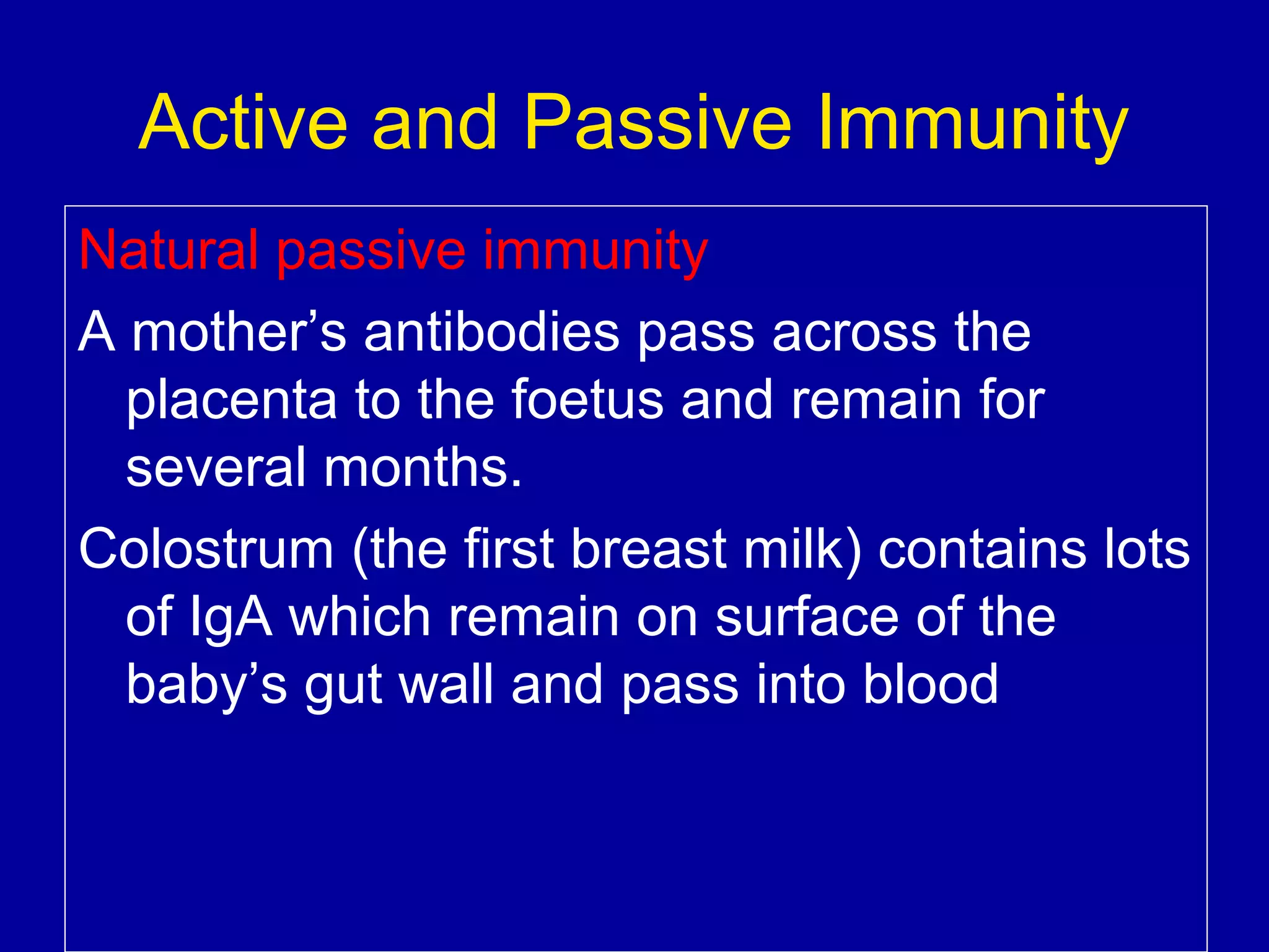 Active and Passive Immunity
Natural passive immunity
A mother’s antibodies pass across the
placenta to the foetus and remain for
several months.
Colostrum (the first breast milk) contains lots
of IgA which remain on surface of the
baby’s gut wall and pass into blood

 
