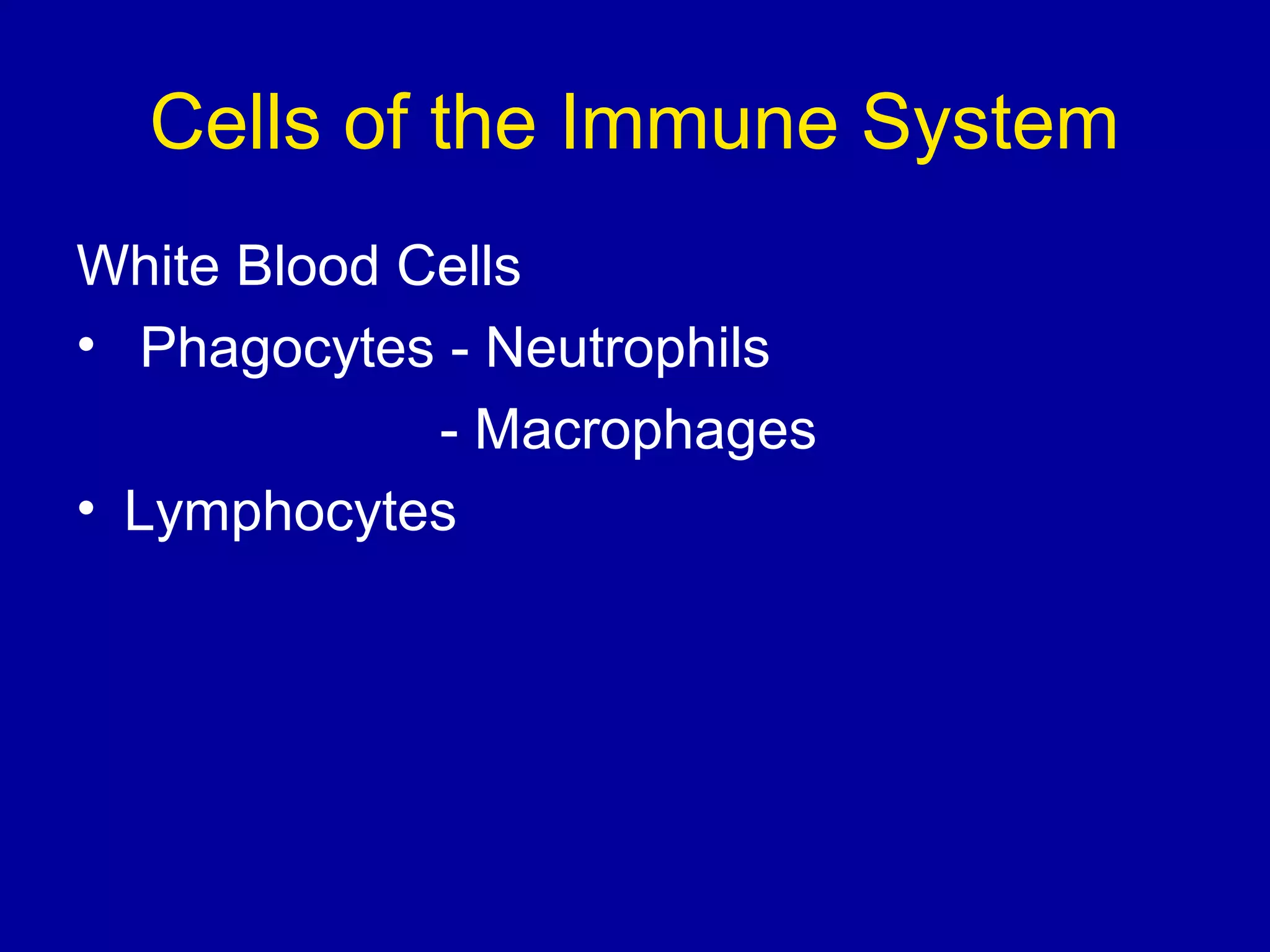 Cells of the Immune System
White Blood Cells
• Phagocytes - Neutrophils
- Macrophages
• Lymphocytes

 