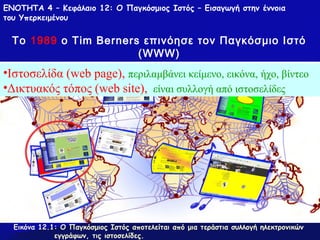 ΕΝΟΤΗΤΑ 4 – Κεφάλαιο 12: Ο Παγκόσμιος Ιστός – Εισαγωγή στην έννοια
του Υπερκειμένου

To 1989 o Tim Berners επινόησε τον Παγκόσμιο Ιστό
(WWW)

•Ιστοσελίδα (web page), περιλαμβάνει κείμενο, εικόνα, ήχο, βίντεο
•Δικτυακός τόπος (web site), είναι συλλογή από ιστοσελίδες

Εικόνα 12.1: Ο Παγκόσμιος Ιστός αποτελείται από μια τεράστια συλλογή ηλεκτρονικών
εγγράφων, τις ιστοσελίδες.

 