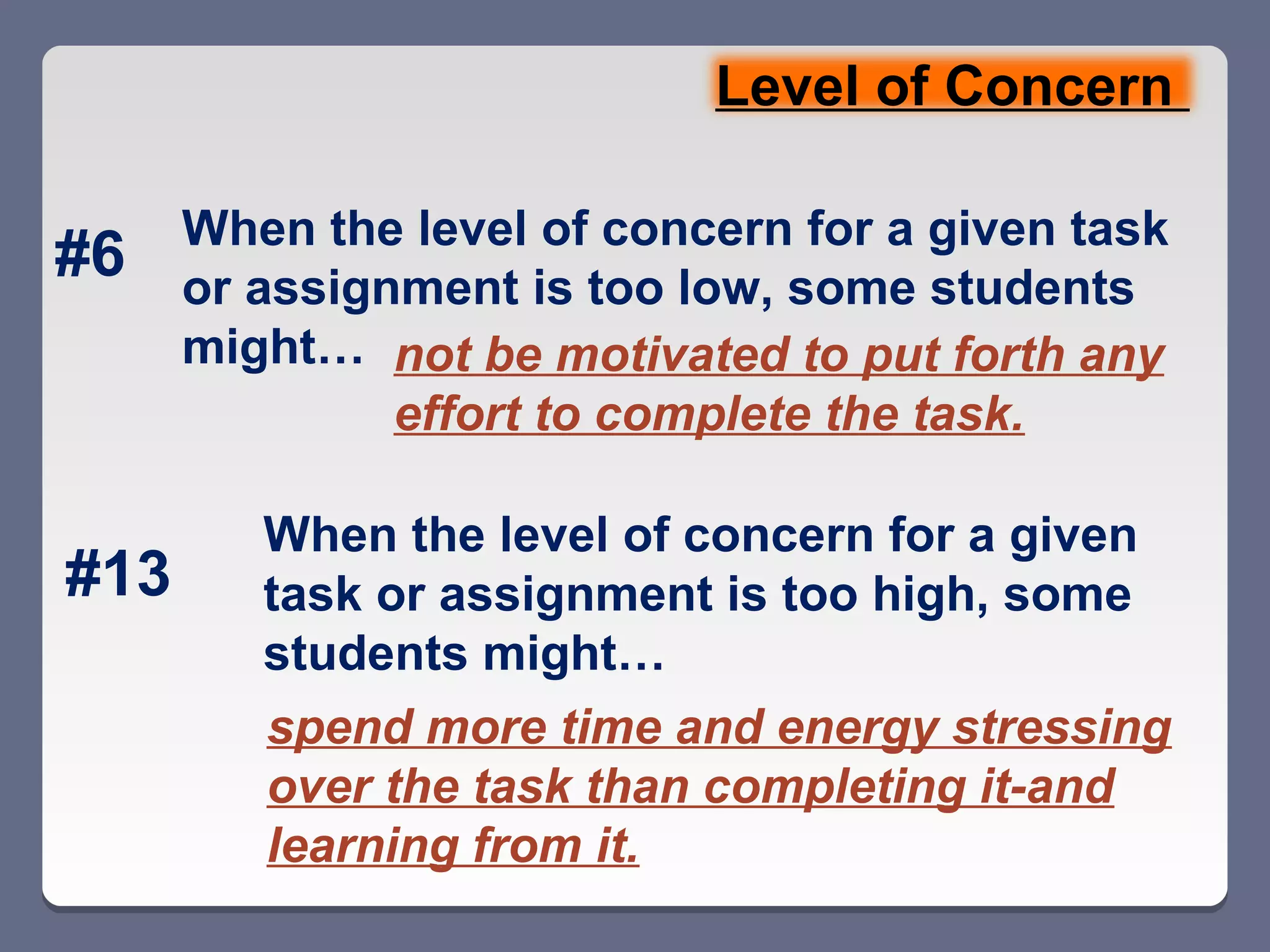 Level of Concern

      When the level of concern for a given task
#6    or assignment is too low, some students
      might… not be motivated to put forth any
               effort to complete the task.

         When the level of concern for a given
#13      task or assignment is too high, some
         students might…
         spend more time and energy stressing
         over the task than completing it-and
         learning from it.
 