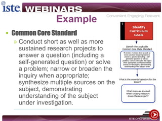 Example
 Common Core Standard
» Conduct short as well as more
sustained research projects to
answer a question (including a
self-generated question) or solve
a problem; narrow or broaden the
inquiry when appropriate;
synthesize multiple sources on the
subject, demonstrating
understanding of the subject
under investigation.
 