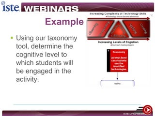 Example
 Using our taxonomy
tool, determine the
cognitive level to
which students will
be engaged in the
activity.
 
