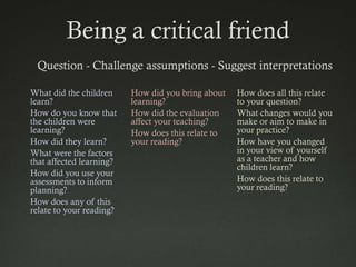 Being a critical friend
 Question - Challenge assumptions - Suggest interpretations

What did the children     How did you bring about   How does all this relate
learn?                    learning?                 to your question?
How do you know that      How did the evaluation    What changes would you
the children were         affect your teaching?     make or aim to make in
learning?                 How does this relate to   your practice?
How did they learn?       your reading?             How have you changed
What were the factors                               in your view of yourself
that affected learning?                             as a teacher and how
                                                    children learn?
How did you use your
assessments to inform                               How does this relate to
planning?                                           your reading?
How does any of this
relate to your reading?
 