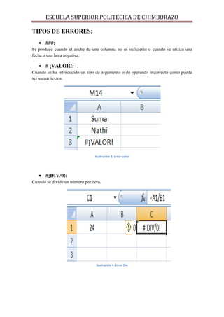ESCUELA SUPERIOR POLITECICA DE CHIMBORAZO
TIPOS DE ERRORES:
• ###:
Se produce cuando el anche de una columna no es suficiente o cuando se utiliza una
fecha o una hora negativa.

• # ¡VALOR!:
Cuando se ha introducido un tipo de argumento o de operando incorrecto como puede
ser sumar textos.

Ilustración 3. Error valor

• #¡DIV/0!:
Cuando se divide un número por cero.

Ilustración 4. Error Div

 
