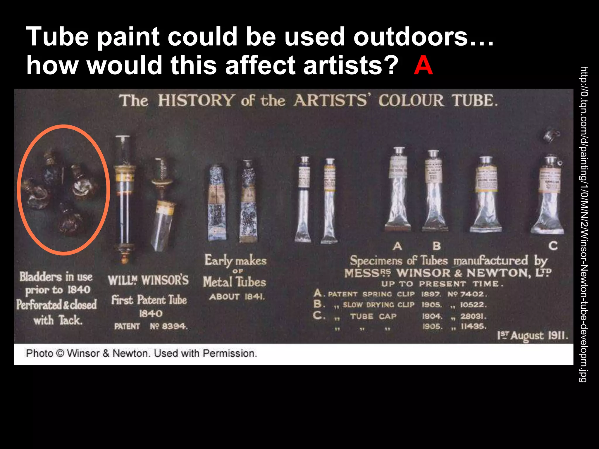 Tube paint could be used outdoors…
how would this affect artists? A
http://0.tqn.com/d/painting/1/0/M/N/2/Winsor-Newton-tube-developm.jpg
 