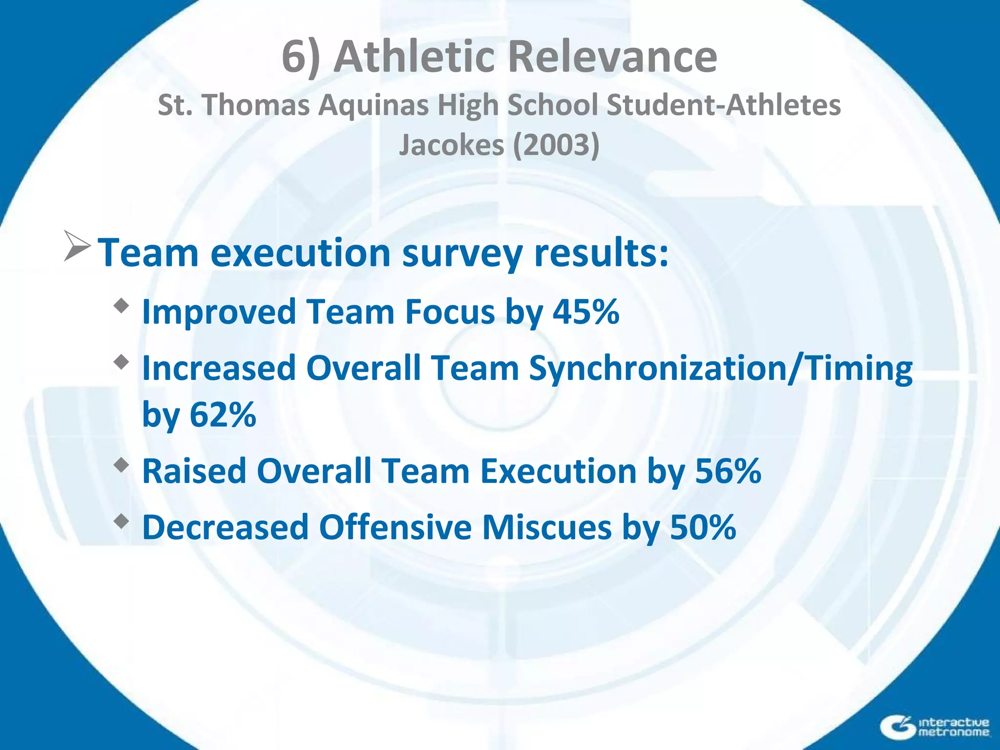6) Athletic Relevance
St. Thomas Aquinas High School Student-Athletes
Jacokes (2003)
Team execution survey results:
 Improved Team Focus by 45%
 Increased Overall Team Synchronization/Timing
by 62%
 Raised Overall Team Execution by 56%
 Decreased Offensive Miscues by 50%
 