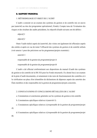 12. AUDIT ET CONTROLE INTERNE
B. RAPPORT PRINCIPAL
1. MÉTHODOLOGIE ET OBJET DE L’AUDIT
L’audit a consisté en un examen des systèmes de gestion et de contrôle mis en œuvre
par (autorité) au titre du (programme opérationnel, Fonds). Compte tenu de l’évaluation des
risques et des résultats des audits précédents, les objectifs d'audit suivants ont été définis :
objectif 1
objectif 2
Outre l’audit réalisé auprès de (autorité), des visites ont également été effectuées auprès
des entités ci-après en vue de tester l’efficacité des systèmes de gestion et de contrôle utilisés
(voir annexe 1 pour des précisions sur les programmes/projets examinés) :
autorité 1
responsable de la gestion du programme/projet A
responsable de la gestion du programme/projet B
L’audit a été effectué conformément aux dispositions du manuel d’audit des systèmes
de gestion et de contrôle de la DG XX pour les Fonds structurels. Il a donné lieu à un examen
de la piste d’audit documentée, et notamment à des tests de fonctionnement des contrôles et à
la vérification sur place d'un échantillon de déclarations de dépenses auprès des autorités des
États membres et des responsables de la gestion de programmes/projets concernés.
2. CONSTATATIONS ET CONCLUSIONS DÉTAILLÉES DE L’AUDIT
a. Constatations et conclusions générales sur les systèmes de gestion et de contrôle
b. Constatations spécifiques relatives à (autorité 1)
c. Constatations spécifiques relatives à (responsable de la gestion du programme/projet
A)
d. Constatations spécifiques relatives à (responsable de la gestion du programme/projet
B)
62
 