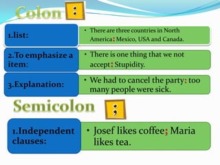 • There are three countries in North
America: Mexico, USA and Canada.
1.list:
• There is one thing that we not
accept: Stupidity.
2.To emphasize a
item:
• We had to cancel the party: too
many people were sick.
3.Explanation:
• Josef likes coffee; Maria
likes tea.
1.Independent
clauses:
 