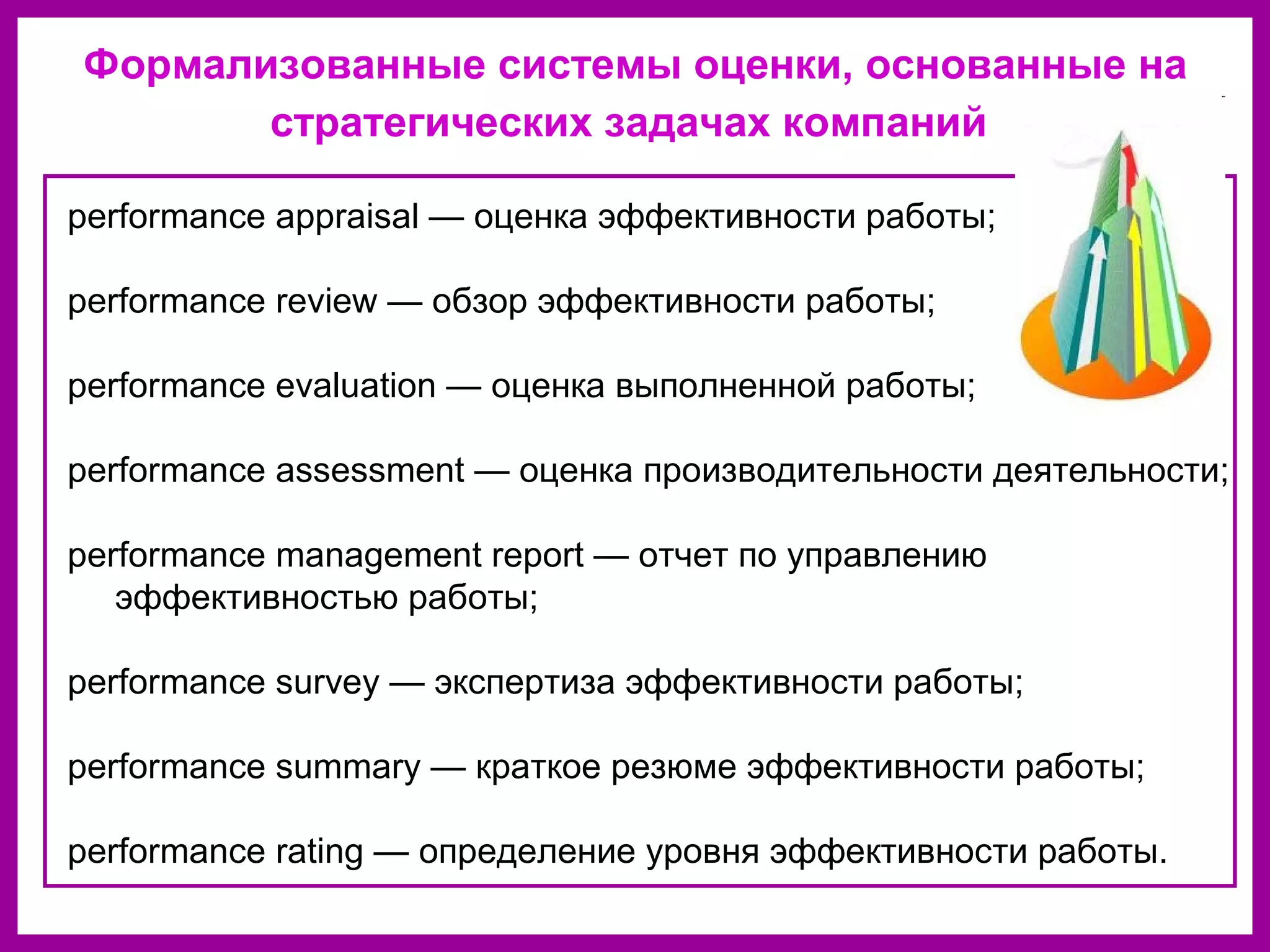 Формализованные системы оценки, основанные на
стратегических задачах компаний
performance appraisal — оценка эффективности работы;
performance review — обзор эффективности работы;
performance evaluation — оценка выполненной работы;
performance assessment — оценка производительности деятельности;
performance management report — отчет по управлению
эффективностью работы;
performance survey — экспертиза эффективности работы;
performance summary — краткое резюме эффективности работы;
performance rating — определение уровня эффективности работы.