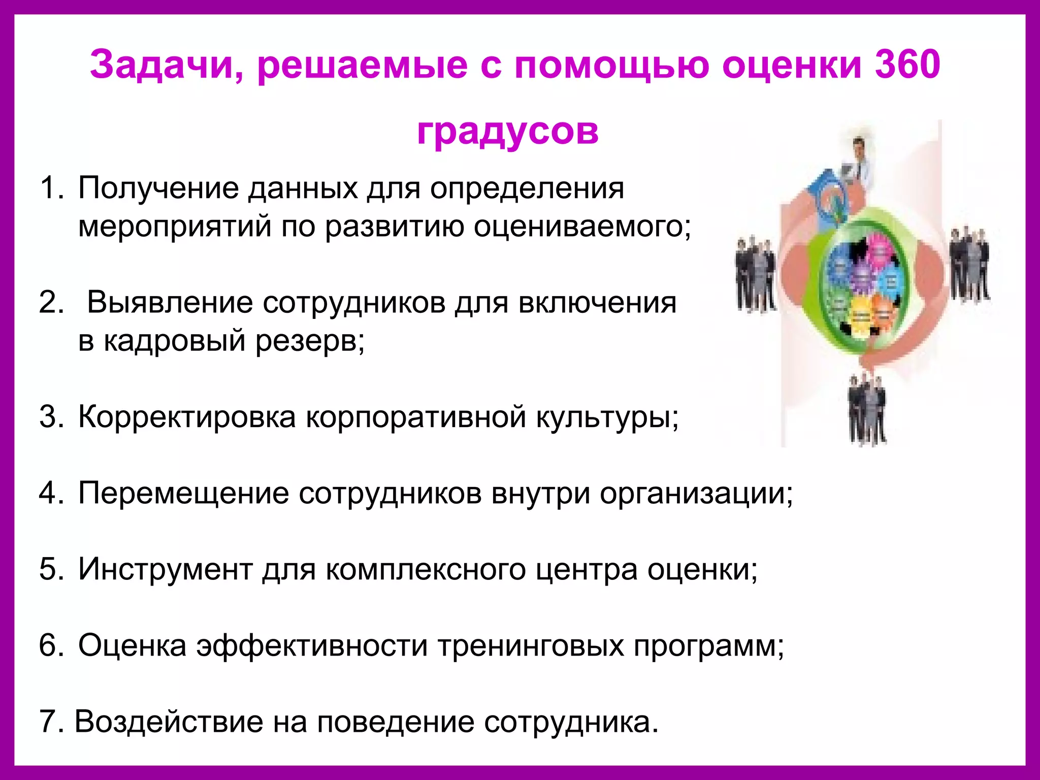 Задачи, решаемые с помощью оценки 360
градусов
1. Получение данных для определения
мероприятий по развитию оцениваемого;
2. Выявление сотрудников для включения
в кадровый резерв;
3. Корректировка корпоративной культуры;
4. Перемещение сотрудников внутри организации;
5. Инструмент для комплексного центра оценки;
6. Оценка эффективности тренинговых программ;
7. Воздействие на поведение сотрудника.