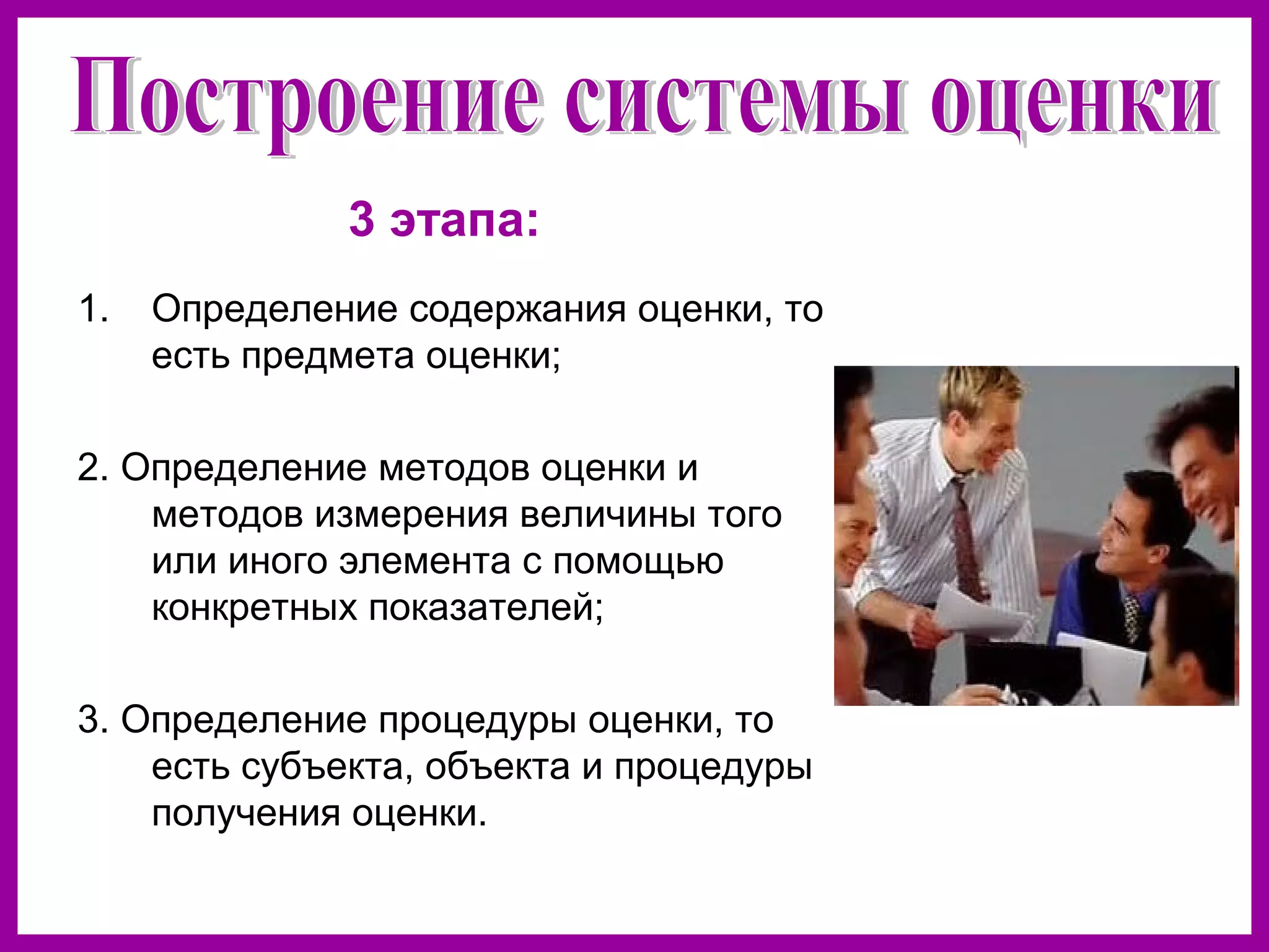 1. Определение содержания оценки, то
есть предмета оценки;
2. Определение методов оценки и
методов измерения величины того
или иного элемента с помощью
конкретных показателей;
3. Определение процедуры оценки, то
есть субъекта, объекта и процедуры
получения оценки.
3 этапа: