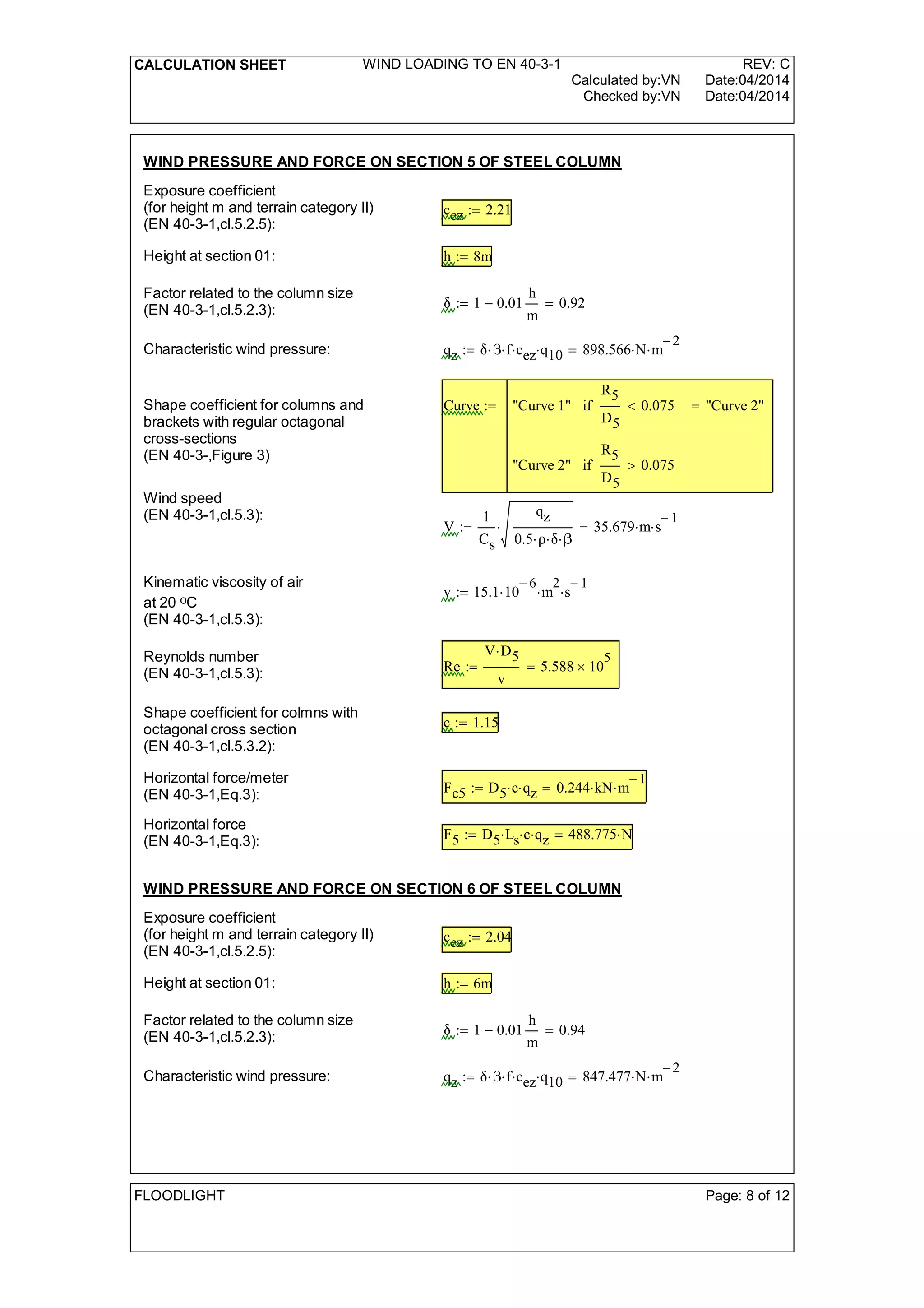 CALCULATION SHEET WIND LOADING TO EN 40-3-1 REV: C
Calculated by:VN Date:04/2014
Checked by:VN Date:04/2014
WIND PRESSURE AND FORCE ON SECTION 5 OF STEEL COLUMN
Exposure coefficient
(for height m and terrain category II)
(EN 40-3-1,cl.5.2.5):
cez 2.21:=
Height at section 01: h 8m:=
Factor related to the column size
(EN 40-3-1,cl.5.2.3): 1 0.01
h
m
- 0.92=:=
Characteristic wind pressure: qz  f cez q10 898.566 N m
2-
=:=
Shape coefficient for columns and
brackets with regular octagonal
cross-sections
(EN 40-3-,Figure 3)
Curve "Curve 1"
R5
D5
0.075<if
"Curve 2"
R5
D5
0.075>if
"Curve 2"=:=
Wind speed
(EN 40-3-1,cl.5.3):
V
1
Cs
qz
0.5  
 35.679 m s
1-
=:=
Kinematic viscosity of air
at 20 oC
(EN 40-3-1,cl.5.3):
v 15.1 10
6-
 m
2
 s
1-
:=
Reynolds number
(EN 40-3-1,cl.5.3): Re
V D5
v
5.588 10
5
=:=
Shape coefficient for colmns with
octagonal cross section
(EN 40-3-1,cl.5.3.2):
c 1.15:=
Horizontal force/meter
(EN 40-3-1,Eq.3): Fc5 D5 c qz 0.244 kN m
1-
=:=
Horizontal force
(EN 40-3-1,Eq.3): F5 D5 Ls c qz 488.775 N=:=
WIND PRESSURE AND FORCE ON SECTION 6 OF STEEL COLUMN
Exposure coefficient
(for height m and terrain category II)
(EN 40-3-1,cl.5.2.5):
cez 2.04:=
Height at section 01: h 6m:=
Factor related to the column size
(EN 40-3-1,cl.5.2.3): 1 0.01
h
m
- 0.94=:=
Characteristic wind pressure: qz  f cez q10 847.477 N m
2-
=:=
FLOODLIGHT Page: 8 of 12
 