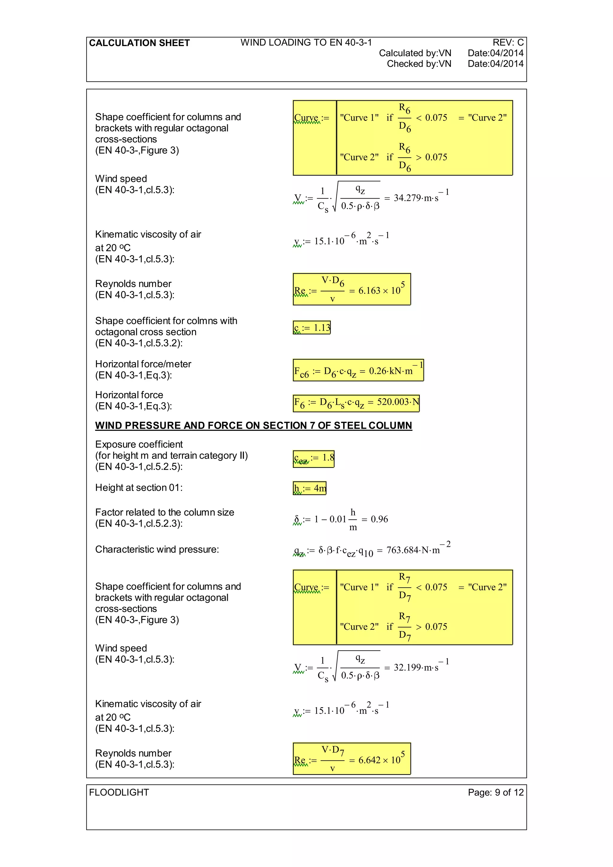 CALCULATION SHEET WIND LOADING TO EN 40-3-1 REV: C
Calculated by:VN Date:04/2014
Checked by:VN Date:04/2014
Shape coefficient for columns and
brackets with regular octagonal
cross-sections
(EN 40-3-,Figure 3)
Curve "Curve 1"
R6
D6
0.075<if
"Curve 2"
R6
D6
0.075>if
"Curve 2"=:=
Wind speed
(EN 40-3-1,cl.5.3):
V
1
Cs
qz
0.5  
 34.279 m s
1-
=:=
Kinematic viscosity of air
at 20 oC
(EN 40-3-1,cl.5.3):
v 15.1 10
6-
 m
2
 s
1-
:=
Reynolds number
(EN 40-3-1,cl.5.3): Re
V D6
v
6.163 10
5
=:=
Shape coefficient for colmns with
octagonal cross section
(EN 40-3-1,cl.5.3.2):
c 1.13:=
Horizontal force/meter
(EN 40-3-1,Eq.3): Fc6 D6 c qz 0.26 kN m
1-
=:=
Horizontal force
(EN 40-3-1,Eq.3): F6 D6 Ls c qz 520.003 N=:=
WIND PRESSURE AND FORCE ON SECTION 7 OF STEEL COLUMN
Exposure coefficient
(for height m and terrain category II)
(EN 40-3-1,cl.5.2.5):
cez 1.8:=
Height at section 01: h 4m:=
Factor related to the column size
(EN 40-3-1,cl.5.2.3): 1 0.01
h
m
- 0.96=:=
Characteristic wind pressure: qz  f cez q10 763.684 N m
2-
=:=
Shape coefficient for columns and
brackets with regular octagonal
cross-sections
(EN 40-3-,Figure 3)
Curve "Curve 1"
R7
D7
0.075<if
"Curve 2"
R7
D7
0.075>if
"Curve 2"=:=
Wind speed
(EN 40-3-1,cl.5.3):
V
1
Cs
qz
0.5  
 32.199 m s
1-
=:=
Kinematic viscosity of air
at 20 oC
(EN 40-3-1,cl.5.3):
v 15.1 10
6-
 m
2
 s
1-
:=
Reynolds number
(EN 40-3-1,cl.5.3): Re
V D7
v
6.642 10
5
=:=
FLOODLIGHT Page: 9 of 12
 