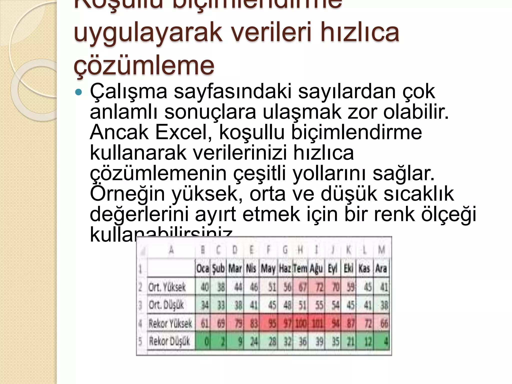 Koşullu biçimlendirme
uygulayarak verileri hızlıca
çözümleme
 Çalışma sayfasındaki sayılardan çok
anlamlı sonuçlara ulaşmak zor olabilir.
Ancak Excel, koşullu biçimlendirme
kullanarak verilerinizi hızlıca
çözümlemenin çeşitli yollarını sağlar.
Örneğin yüksek, orta ve düşük sıcaklık
değerlerini ayırt etmek için bir renk ölçeği
kullanabilirsiniz.
 
