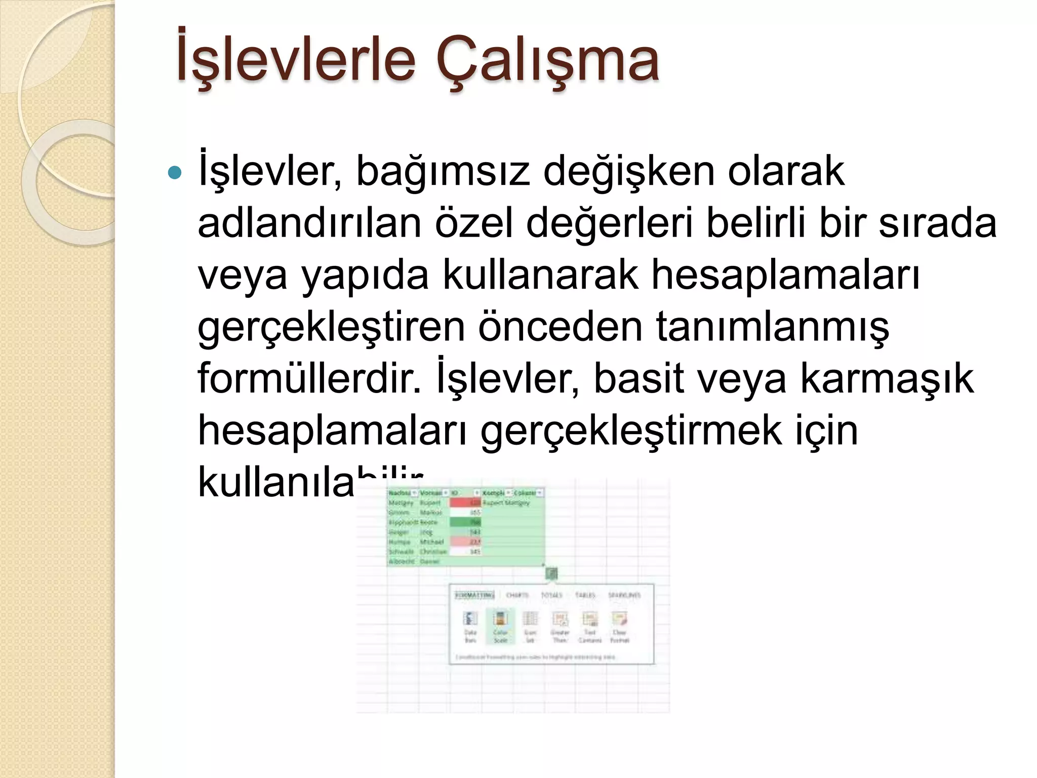 İşlevlerle Çalışma
 İşlevler, bağımsız değişken olarak
adlandırılan özel değerleri belirli bir sırada
veya yapıda kullanarak hesaplamaları
gerçekleştiren önceden tanımlanmış
formüllerdir. İşlevler, basit veya karmaşık
hesaplamaları gerçekleştirmek için
kullanılabilir.
 