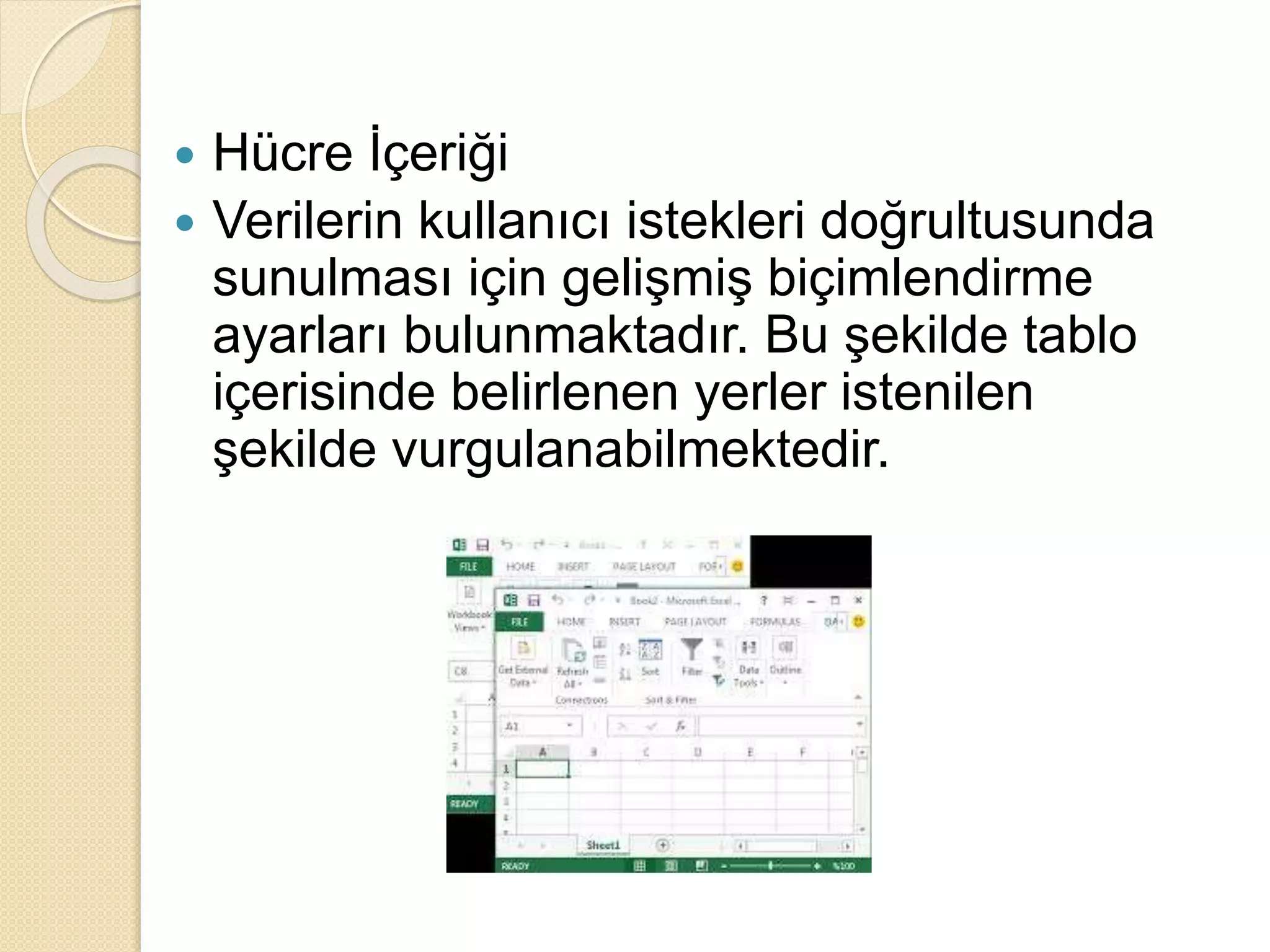  Hücre İçeriği
 Verilerin kullanıcı istekleri doğrultusunda
sunulması için gelişmiş biçimlendirme
ayarları bulunmaktadır. Bu şekilde tablo
içerisinde belirlenen yerler istenilen
şekilde vurgulanabilmektedir.
 