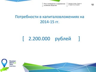 12
Роль телевидения в современном
оссийском обществе
Доклад на тему «Такую-то
и такую-то в 2 строки»
Потребности в капиталовложениях на
2014-15 гг.
[ 2.200.000 рублей ]
 