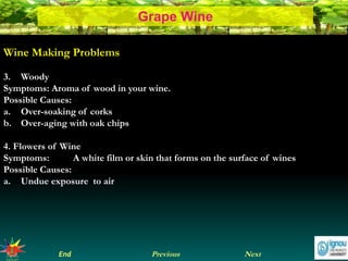 NextEnd Previous
Grape Wine
Wine Making Problems
3. Woody
Symptoms: Aroma of wood in your wine.
Possible Causes:
a. Over-soaking of corks
b. Over-aging with oak chips
4. Flowers of Wine
Symptoms: A white film or skin that forms on the surface of wines
Possible Causes:
a. Undue exposure to air
 
