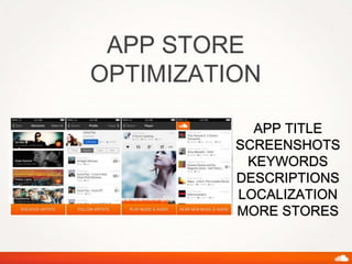 APP STORE
OPTIMIZATION
APP TITLE
SCREENSHOTS
KEYWORDS
DESCRIPTIONS
LOCALIZATION
MORE STORES
 
