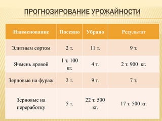 ПРОГНОЗИРОВАНИЕ УРОЖАЙНОСТИ
Наименование Посеяно Убрано Результат
Элитным сортом 2 т. 11 т. 9 т.
Ячмень яровой
1 т. 100
кг.
4 т. 2 т. 900 кг.
Зерновые на фураж 2 т. 9 т. 7 т.
Зерновые на
переработку
5 т.
22 т. 500
кг.
17 т. 500 кг.
 