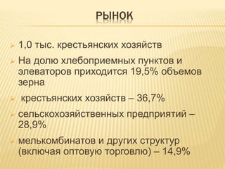РЫНОК
 1,0 тыс. крестьянских хозяйств
 На долю хлебоприемных пунктов и
элеваторов приходится 19,5% объемов
зерна
 крестьянских хозяйств – 36,7%
 сельскохозяйственных предприятий –
28,9%
 мелькомбинатов и других структур
(включая оптовую торговлю) – 14,9%
 