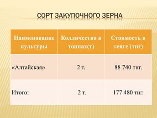 СОРТ ЗАКУПОЧНОГО ЗЕРНА
Наименование
культуры
Колличество в
тоннах(т)
Стоимость в
тенге (тнг)
«Алтайская» 2 т. 88 740 тнг.
Итого: 2 т. 177 480 тнг.
 