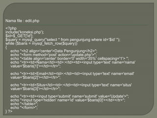 Nama file : edit.php
<?php
include('koneksi.php');
$id=$_GET['id'];
$query = mysql_query("select * from pengunjung where id=‘$id’ ");
while ($baris = mysql_fetch_row($query))
{
echo "<h2 align='center'>Data Pengunjung</h2>";
echo "<form method='post' action='update.php'>";
echo "<table align='center' border='0' width='35%' cellspacing='1'> ";
echo "<tr><td>Nama</td><td>:</td><td><input type='text' name='nama'
value='$baris[1]'></td></tr>";
echo "<tr><td>Email</td><td>:</td><td><input type='text' name='email'
value='$baris[2]'></td></tr>";
echo "<tr><td>Situs</td><td>:</td><td><input type='text' name='situs'
value='$baris[3]'></td></tr>";
echo "<tr><td><input type='submit' name='submit' value='Update'>";
echo "<input type='hidden' name='id' value='$baris[0]'></td></tr>";
echo "</table>";
echo "</form>";
} ?>
 