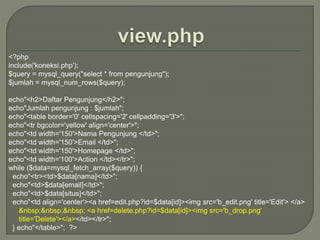 <?php
include('koneksi.php');
$query = mysql_query("select * from pengunjung");
$jumlah = mysql_num_rows($query);
echo"<h2>Daftar Pengunjung</h2>";
echo"Jumlah pengunjung : $jumlah";
echo"<table border='0' cellspacing='2' cellpadding='3'>";
echo"<tr bgcolor='yellow' align='center'>";
echo"<td width='150'>Nama Pengunjung </td>";
echo"<td width='150'>Email </td>";
echo"<td width='150'>Homepage </td>";
echo"<td width='100'>Action </td></tr>";
while ($data=mysql_fetch_array($query)) {
echo"<tr><td>$data[nama]</td>";
echo"<td>$data[email]</td>";
echo"<td>$data[situs]</td>";
echo"<td align='center'><a href=edit.php?id=$data[id]><img src='b_edit.png' title='Edit'> </a>
&nbsp;&nbsp;&nbsp; <a href=delete.php?id=$data[id]><img src='b_drop.png'
title='Delete'></a></td></tr>";
} echo"</table>"; ?>
 