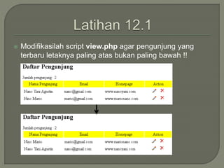  Modifikasilah script view.php agar pengunjung yang
terbaru letaknya paling atas bukan paling bawah !!
 