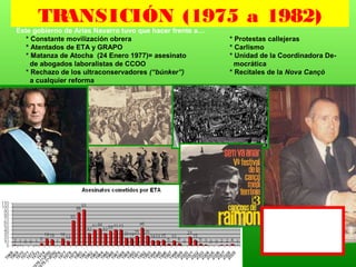 TRANSICIÓN (1975 a 1982)
Este gobierno de Arias Navarro tuvo que hacer frente a…
* Constante movilización obrera * Protestas callejeras
* Atentados de ETA y GRAPO * Carlismo
* Matanza de Atocha (24 Enero 1977)= asesinato * Unidad de la Coordinadora De-
de abogados laboralistas de CCOO mocrática
* Rechazo de los ultraconservadores (“búnker”) * Recitales de la Nova Cançó
a cualquier reforma
"Al vent" Raimon
-YouTube
 