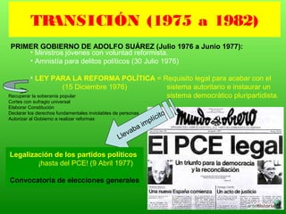PRIMER GOBIERNO DE ADOLFO SUÁREZ (Julio 1976 a Junio 1977):
• Ministros jóvenes con voluntad reformista.
• Amnistía para delitos políticos (30 Julio 1976)
• LEY PARA LA REFORMA POLÍTICA = Requisito legal para acabar con el
(15 Diciembre 1976) sistema autoritario e instaurar un
sistema democrático pluripartidista.
TRANSICIÓN (1975 a 1982)
Recuperar la soberanía popular
Cortes con sufragio universal
Elaborar Constitución
Declarar los derechos fundamentales inviolables de personas
Autorizar al Gobierno a realizar reformas
Llevaba implícito
Legalización de los partidos políticos
¡hasta del PCE! (9 Abril 1977)
Convocatoria de elecciones generales
 