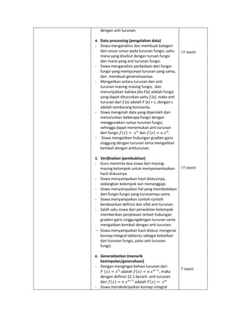 dengan anti turunan.
4. Data processing (pengolahan data)
- Siswa menganalisis dan membuat kategori
dari unsur-unsur pada turunan fungsi, yaitu
mana yang disebut dengan turuan fungsi
dan mana yang anti turunan fungsi.
- Siswa menganalisis perbedaan dari fungsi-
fungsi yang mempunyai turunan yang sama,
dan membuat generalisasinya.
- Mengaitkan antara turunan dan anti
turunan masing-masing fungsi, dan
menunjukkan bahwa jika F(x) adalah fungsi
yang dapat diturunkan yaitu f (x), maka anti
turunan dari f (x) adalah F (x) + c, dengan c
adalah sembarang konstanta.
- Siswa mengolah data yang diperoleh dari
menurunkan beberapa fungsi dengan
menggunakan rumus turunan fungsi,
sehingga dapat menentukan anti turunan
dari fungsi 𝑓(𝑥) = 𝑥 𝑛
dan 𝑓(𝑥) = 𝑎 𝑥 𝑛
.
- Siswa mengaitkan hubungan gradien garis
singgung dengan turunan serta mengaitkan
kembali dengan antiturunan.
5. Verification (pembuktian)
- Guru meminta dua siswa dari masing-
masing kelompok untuk mempresentasikan
hasil diskusinya.
- Siswa menyampaikan hasil diskusinya,
sedangkan kelompok lain menanggapi.
- Siswa menyampaikan hal yang membedakan
dari fungsi-fungsi yang turunannya sama.
- Siswa menyampaikan contoh-contoh
berdasarkan definisi dan sifat anti turunan.
- Salah satu siswa dari perwakilan kelompok
memberikan penjelasan terkait hubungan
gradien garis singgungdengan turunan serta
mengaitkan kembali dengan anti turunan.
- Siswa menyampaikan hasil diskusi mengenai
konsep integral taktentu sebagai kebalikan
dari turunan fungsi, yaitu anti turunan
fungsi.
6. Generalization (menarik
kesimpulan/generalisasi)
- Dengan mengingat bahwa turunan dari
𝐹 (𝑥) = 𝑥 𝑛
adalah 𝑓(𝑥) = 𝑛 𝑥 𝑛−1
, maka
dengan definisi 12.1 berarti anti turunan
dari 𝑓(𝑥) = 𝑛 𝑥 𝑛−1
adalah 𝐹(𝑥) = 𝑥 𝑛
- Siswa mendeskripsikan konsep integral
15 menit
15 menit
5 menit
 