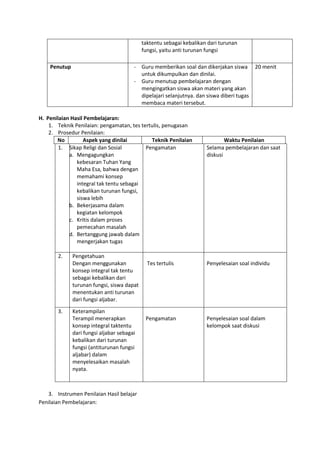 taktentu sebagai kebalikan dari turunan
fungsi, yaitu anti turunan fungsi
Penutup - Guru memberikan soal dan dikerjakan siswa
untuk dikumpulkan dan dinilai.
- Guru menutup pembelajaran dengan
mengingatkan siswa akan materi yang akan
dipelajari selanjutnya. dan siswa diberi tugas
membaca materi tersebut.
20 menit
H. Penilaian Hasil Pembelajaran:
1. Teknik Penilaian: pengamatan, tes tertulis, penugasan
2. Prosedur Penilaian:
No Aspek yang dinilai Teknik Penilaian Waktu Penilaian
1. Sikap Religi dan Sosial
a. Mengagungkan
kebesaran Tuhan Yang
Maha Esa, bahwa dengan
memahami konsep
integral tak tentu sebagai
kebalikan turunan fungsi,
siswa lebih
b. Bekerjasama dalam
kegiatan kelompok
c. Kritis dalam proses
pemecahan masalah
d. Bertanggung jawab dalam
mengerjakan tugas
Pengamatan Selama pembelajaran dan saat
diskusi
2. Pengetahuan
Dengan menggunakan
konsep integral tak tentu
sebagai kebalikan dari
turunan fungsi, siswa dapat
menentukan anti turunan
dari fungsi aljabar.
Tes tertulis Penyelesaian soal individu
3. Keterampilan
 Terampil menerapkan
konsep integral taktentu
dari fungsi aljabar sebagai
kebalikan dari turunan
fungsi (antiturunan fungsi
aljabar) dalam
menyelesaikan masalah
nyata.
Pengamatan Penyelesaian soal dalam
kelompok saat diskusi
3. Instrumen Penilaian Hasil belajar
Penilaian Pembelajaran:
 