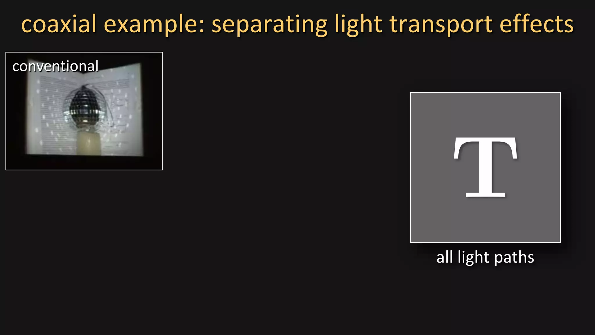 coaxial example: separating light transport effects
conventional
all light paths
 