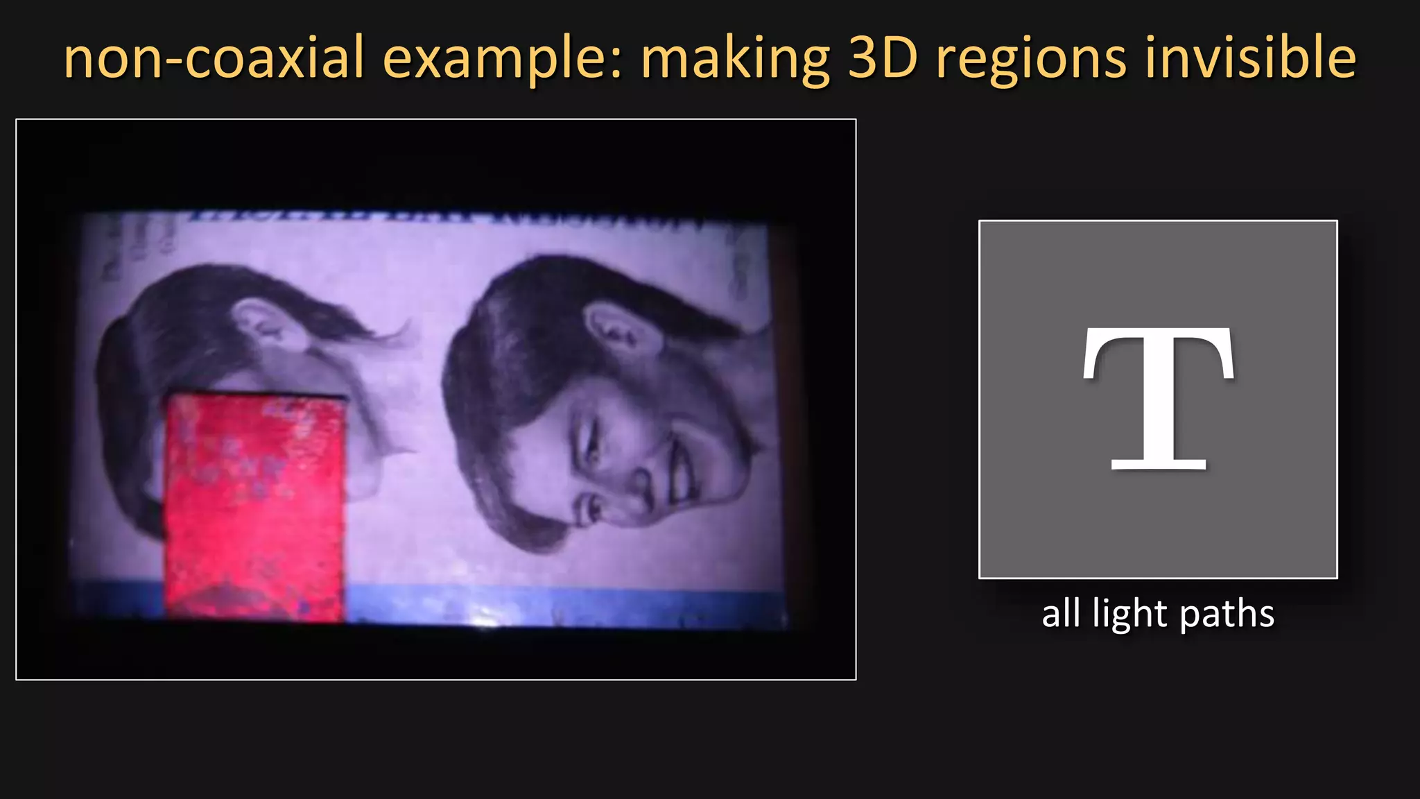 non-coaxial example: making 3D regions invisible
all light paths
 