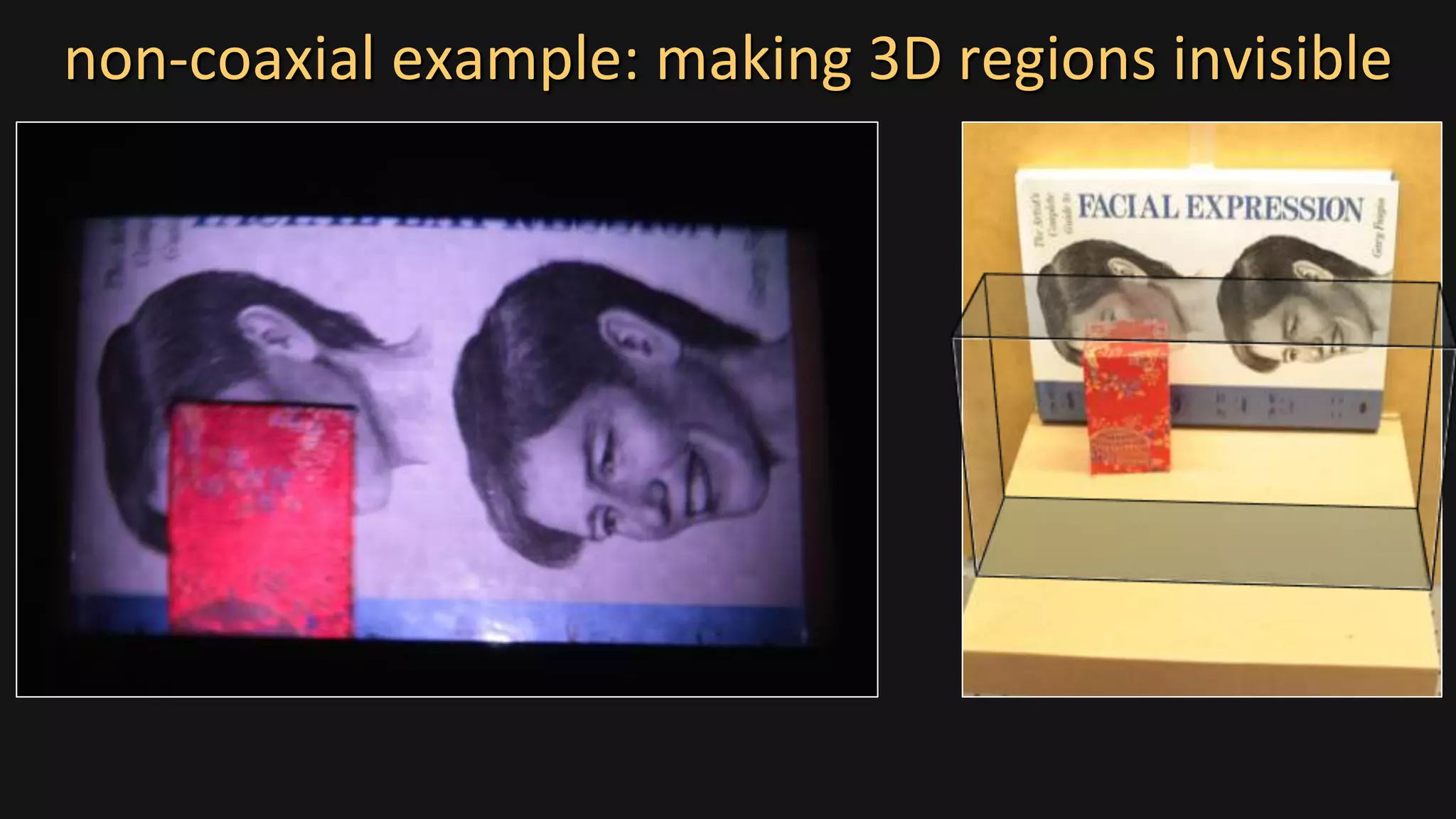 non-coaxial example: making 3D regions invisible
 