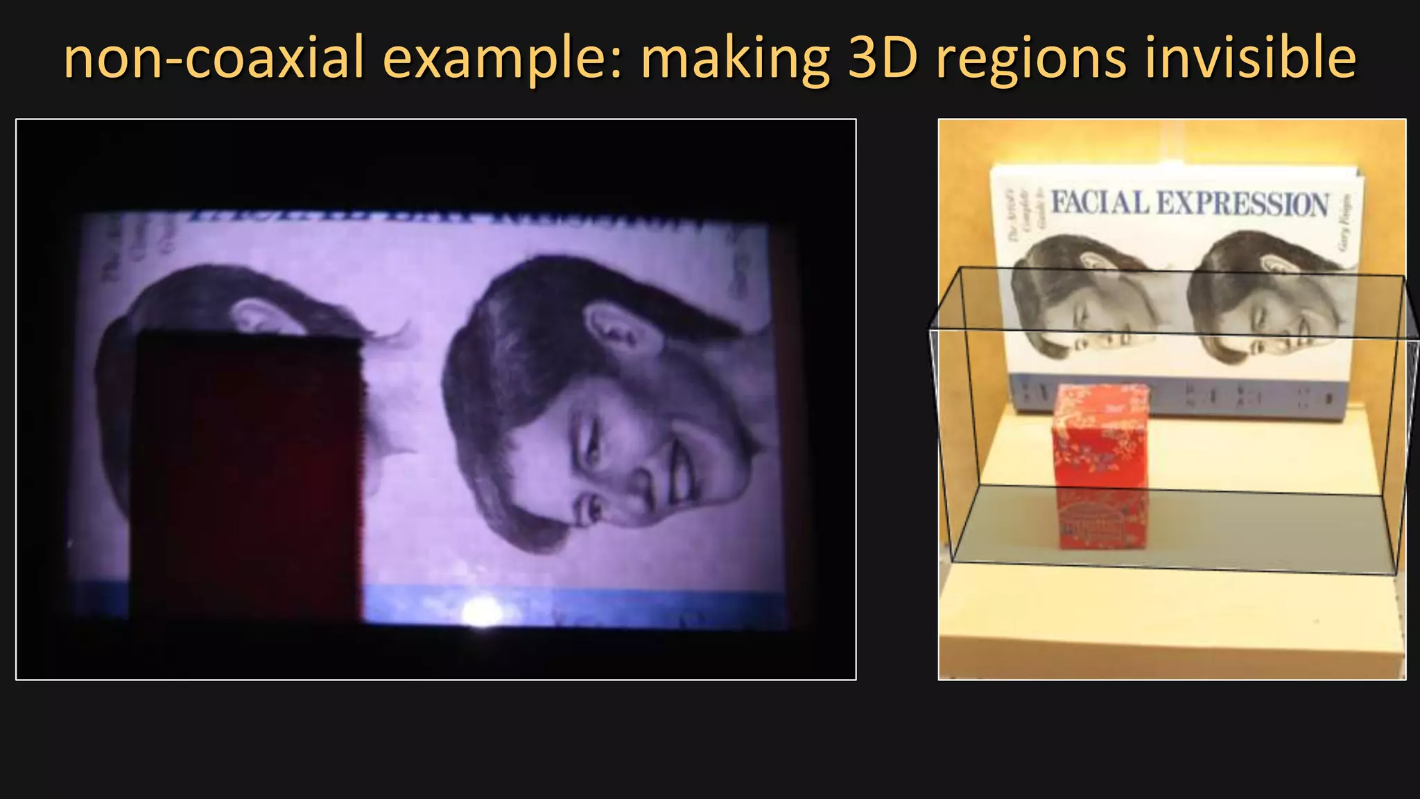 non-coaxial example: making 3D regions invisible
 