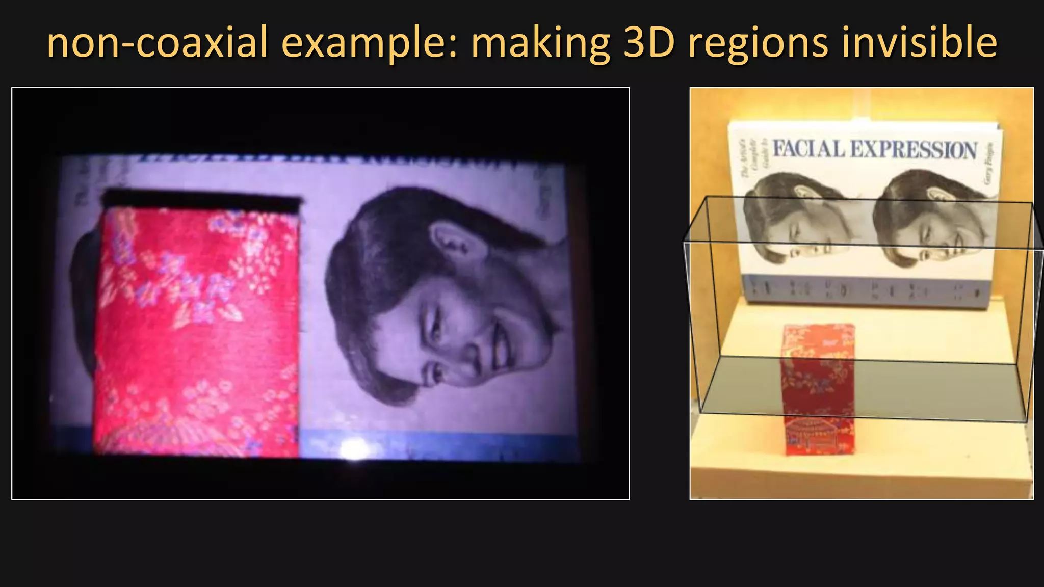 non-coaxial example: making 3D regions invisible
 