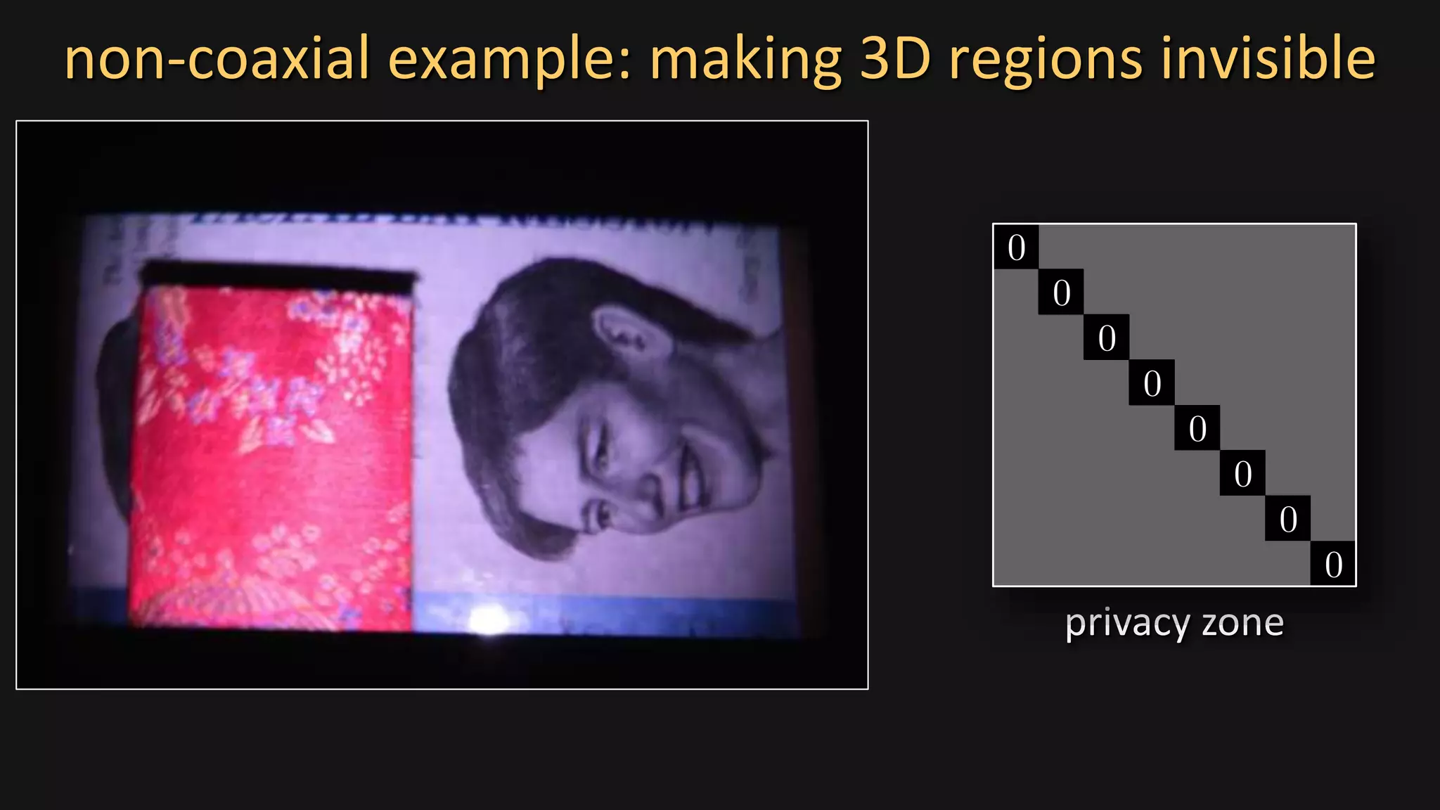privacy zone
non-coaxial example: making 3D regions invisible
 