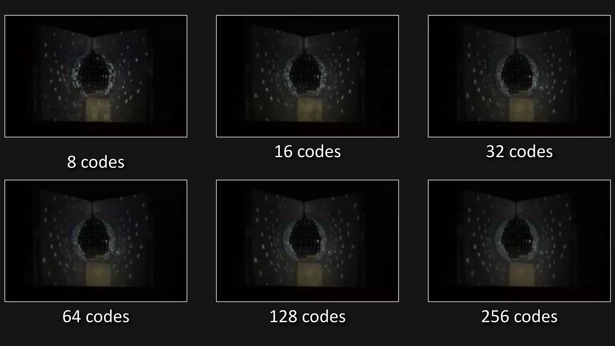 64 codes
16 codes 32 codes
8 codes
128 codes 256 codes
 