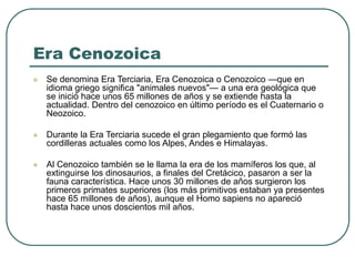 Era Cenozoica 
 Se denomina Era Terciaria, Era Cenozoica o Cenozoico —que en 
idioma griego significa "animales nuevos"— a una era geológica que 
se inició hace unos 65 millones de años y se extiende hasta la 
actualidad. Dentro del cenozoico en último período es el Cuaternario o 
Neozoico. 
 Durante la Era Terciaria sucede el gran plegamiento que formó las 
cordilleras actuales como los Alpes, Andes e Himalayas. 
 Al Cenozoico también se le llama la era de los mamíferos los que, al 
extinguirse los dinosaurios, a finales del Cretácico, pasaron a ser la 
fauna característica. Hace unos 30 millones de años surgieron los 
primeros primates superiores (los más primitivos estaban ya presentes 
hace 65 millones de años), aunque el Homo sapiens no apareció 
hasta hace unos doscientos mil años. 
 