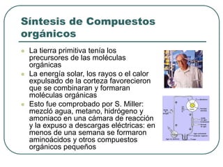Síntesis de Compuestos 
orgánicos 
 La tierra primitiva tenía los 
precursores de las moléculas 
orgánicas 
 La energía solar, los rayos o el calor 
expulsado de la corteza favorecieron 
que se combinaran y formaran 
moléculas orgánicas 
 Esto fue comprobado por S. Miller: 
mezcló agua, metano, hidrógeno y 
amoniaco en una cámara de reacción 
y la expuso a descargas eléctricas: en 
menos de una semana se formaron 
aminoácidos y otros compuestos 
orgánicos pequeños 
 