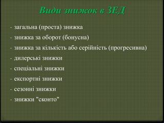 Види знижок в ЗЕД 
- загальна (проста) знижка 
- знижка за оборот (бонусна) 
- знижка за кількість або серійність (прогресивна) 
- дилерські знижки 
- спеціальні знижки 
- експортні знижки 
- сезонні знижки 
- знижки "сконто" 
 