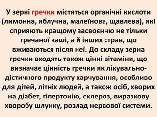 У зерні гречки містяться органічні кислоти 
(лимонна, яблучна, малеїнова, щавлева), які 
сприяють кращому засвоєнню не тільки 
гречаної каші, а й інших страв, що 
вживаються після неї. До складу зерна 
гречки входять також цінні вітаміни, що 
визначає цінність гречки як лікувально- 
дієтичного продукту харчування, особливо 
для дітей, літніх людей, а також осіб, хворих 
на діабет, гіпертонію, склероз, виразкову 
хворобу шлунку, розлад нервової системи. 
 