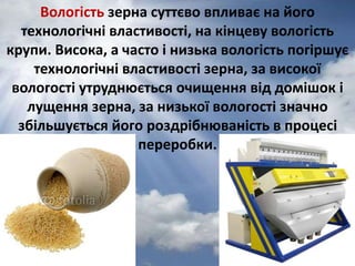 Вологість зерна суттєво впливає на його 
технологічні властивості, на кінцеву вологість 
крупи. Висока, а часто і низька вологість погіршує 
технологічні властивості зерна, за високої 
вологості утруднюється очищення від домішок і 
лущення зерна, за низької вологості значно 
збільшується його роздрібнюваність в процесі 
переробки. 
 