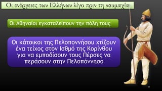 Οι ενέργειες των Ελλήνων λίγο πριν τη ναυμαχία 
Οι Αθηναίοι εγκαταλείπουν την πόλη τους 
Οι κάτοικοι της Πελοποννήσου χτίζουν ένα τείχος στον Ισθμό της Κορίνθου για να εμποδίσουν τους Πέρσες να περάσουν στην Πελοπόννησο 
34 
 