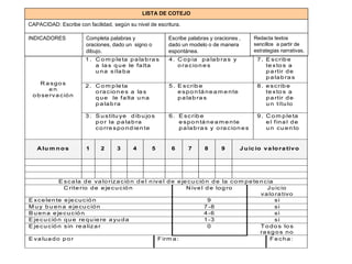 LISTA DE COTEJO O LISTA DE CONTROL 
Matriz de evaluación 
Competencia: produce textos signif icativos escritos de acuerdo ...