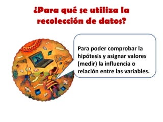 ¿Para qué se utiliza la recolección de datos? 
Para poder comprobar la hipótesis y asignar valores (medir) la influencia o...