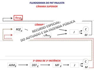 Resp 
ROf 
RO 
FLUXOGRAMA DO PAT PAULISTA 
CÂMARA SUPERIOR 
CÂMARA JULGADORA 
CRRO 
F 
C 
1o GRAU DE 1a INSTÂNCIA 
C 
F 
C 
AIIM DEF MF 
C 
M 
C 
M 
J 
J 
CRROF 
F C F 
 